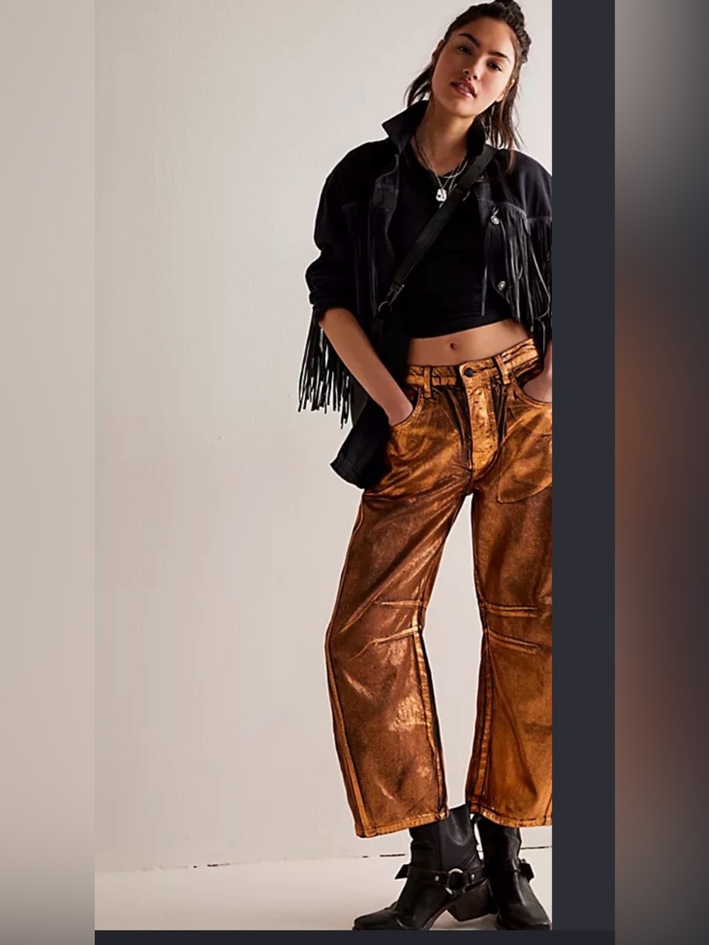 We The Free Good Luck Mid-Rise Metallic Barrel Jean in Golden Rule size 29
